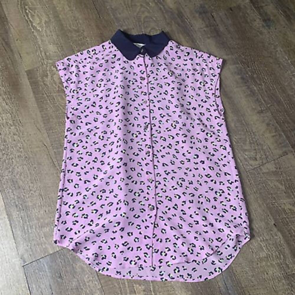 Club Monaco Womens Top Size XS Purple Silk Animal Print Button Up Sleeveless
